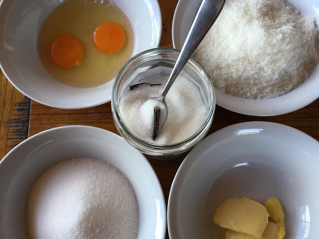 preparation ingredients cookies with desiccated coconut